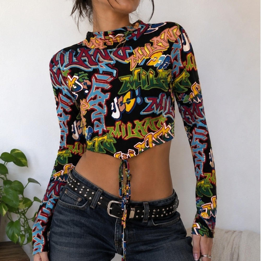 Just Polly Graffiti Print Crop Top Large Y2K Streetwear Tie Front Baby Tee